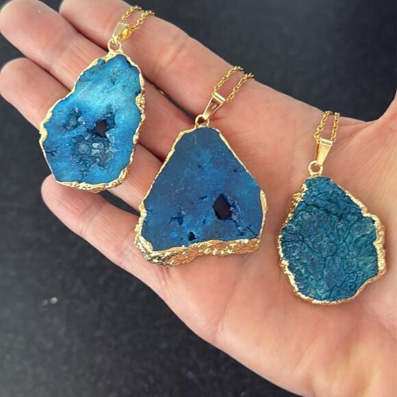 Unique Raw Blue Agate or Quartz Pendant Necklace — Gilded Edge & Gold Tone Chain - Picture 3 of 7